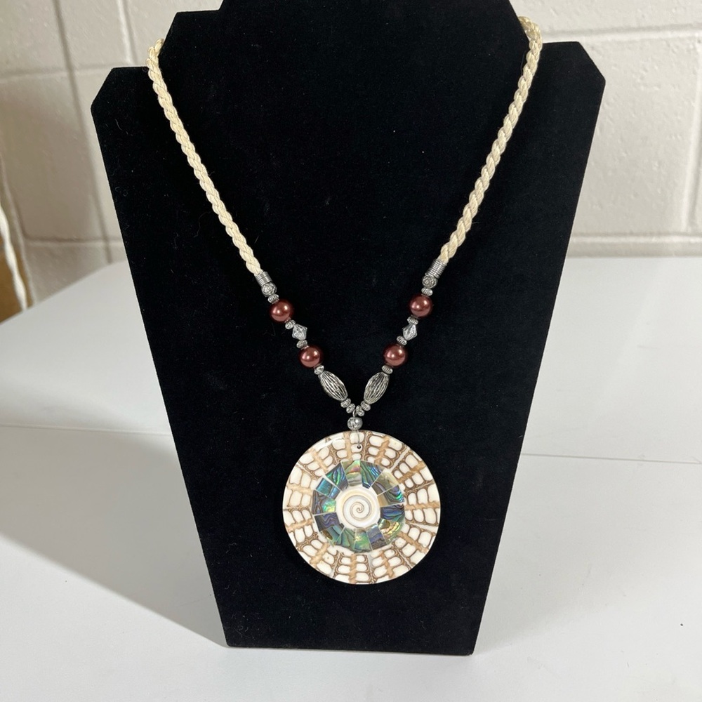 Boho Statement Shell Mosaic abalone & mother of pearl Necklace on a twisted cord